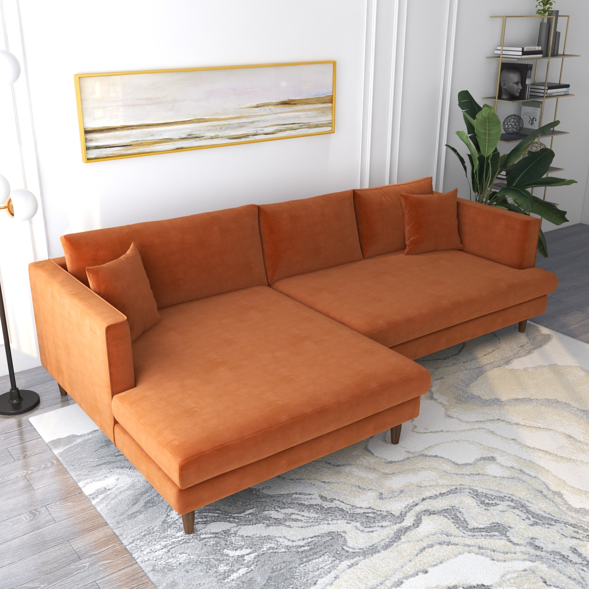 Delano Burnt Orange Velvet Sectional Sofa Left Facing Chaise - MidinMod