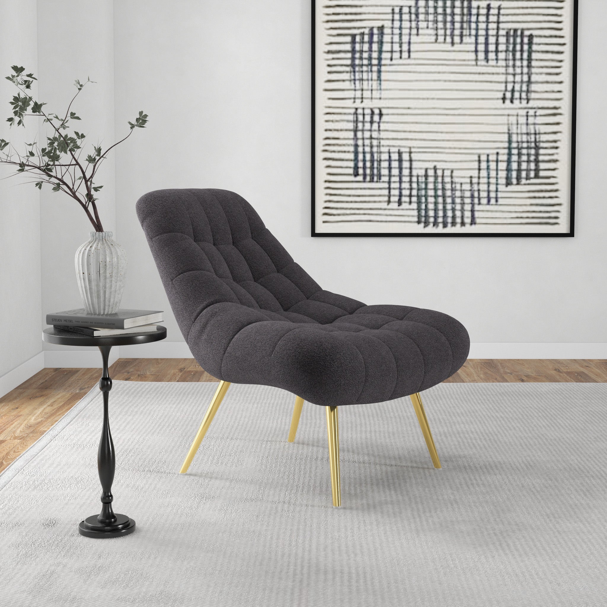 Edna Mid-Century Modern Grey Boucle Lounge Chair with Gold Base | MidinMod