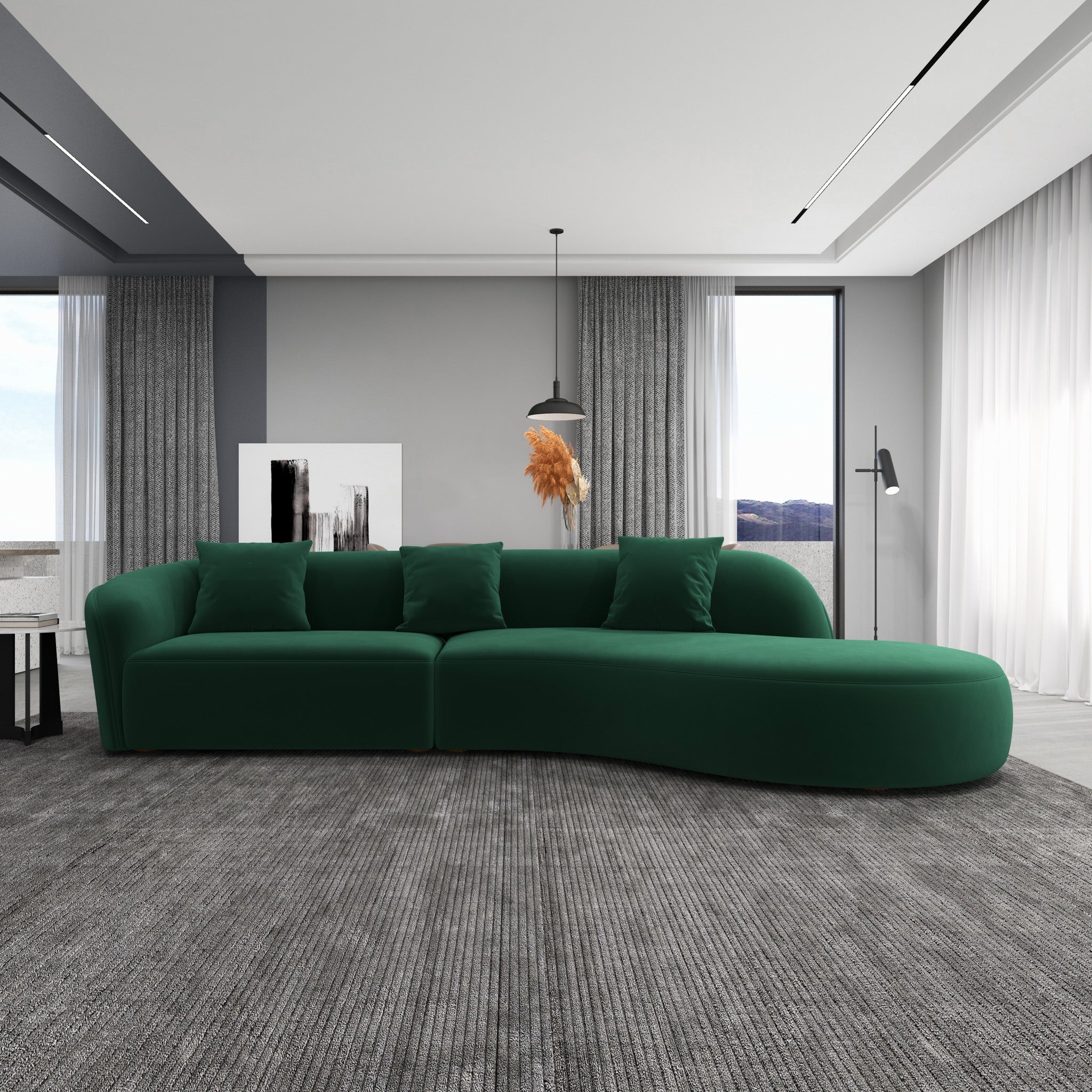 Galleria Dark Green Velvet Curvy Sectional Sofa - MidinMod