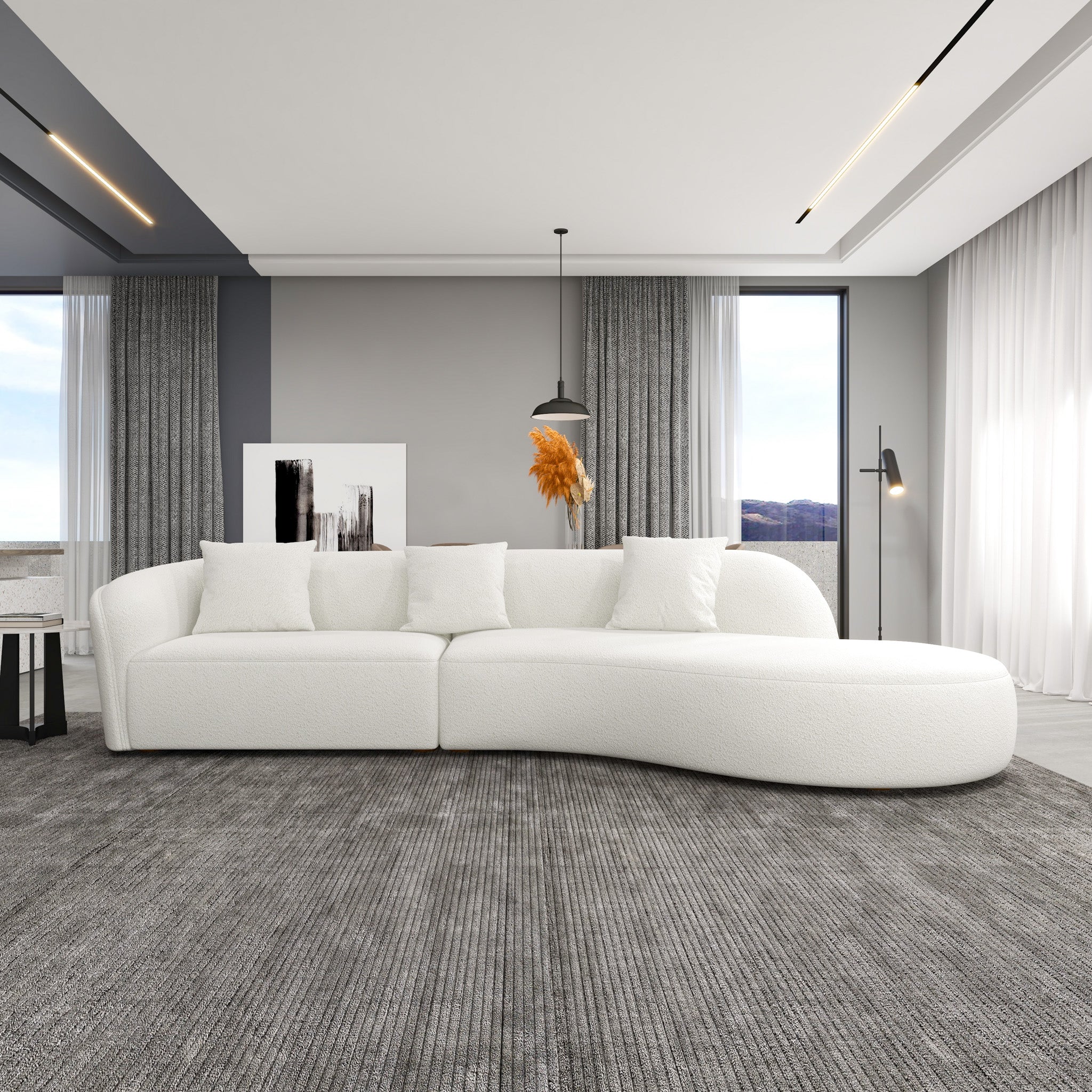 Galleria Japandi Style Curvy White Boucle Sectional Sofa - MidinMod