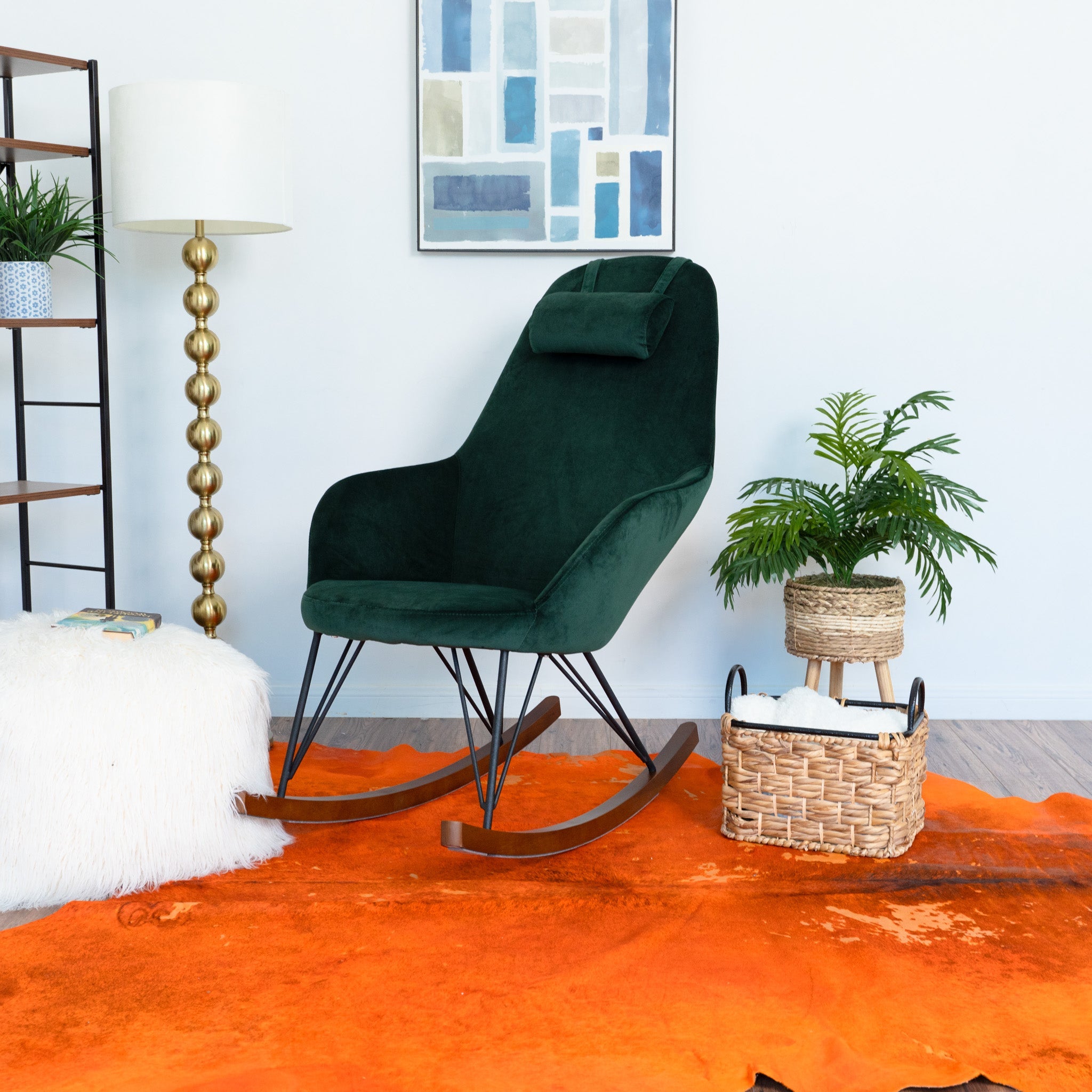 Ingrid Green Velvet Rocking Chair | Mid-Century Modern High Back Rocker | MidinMod