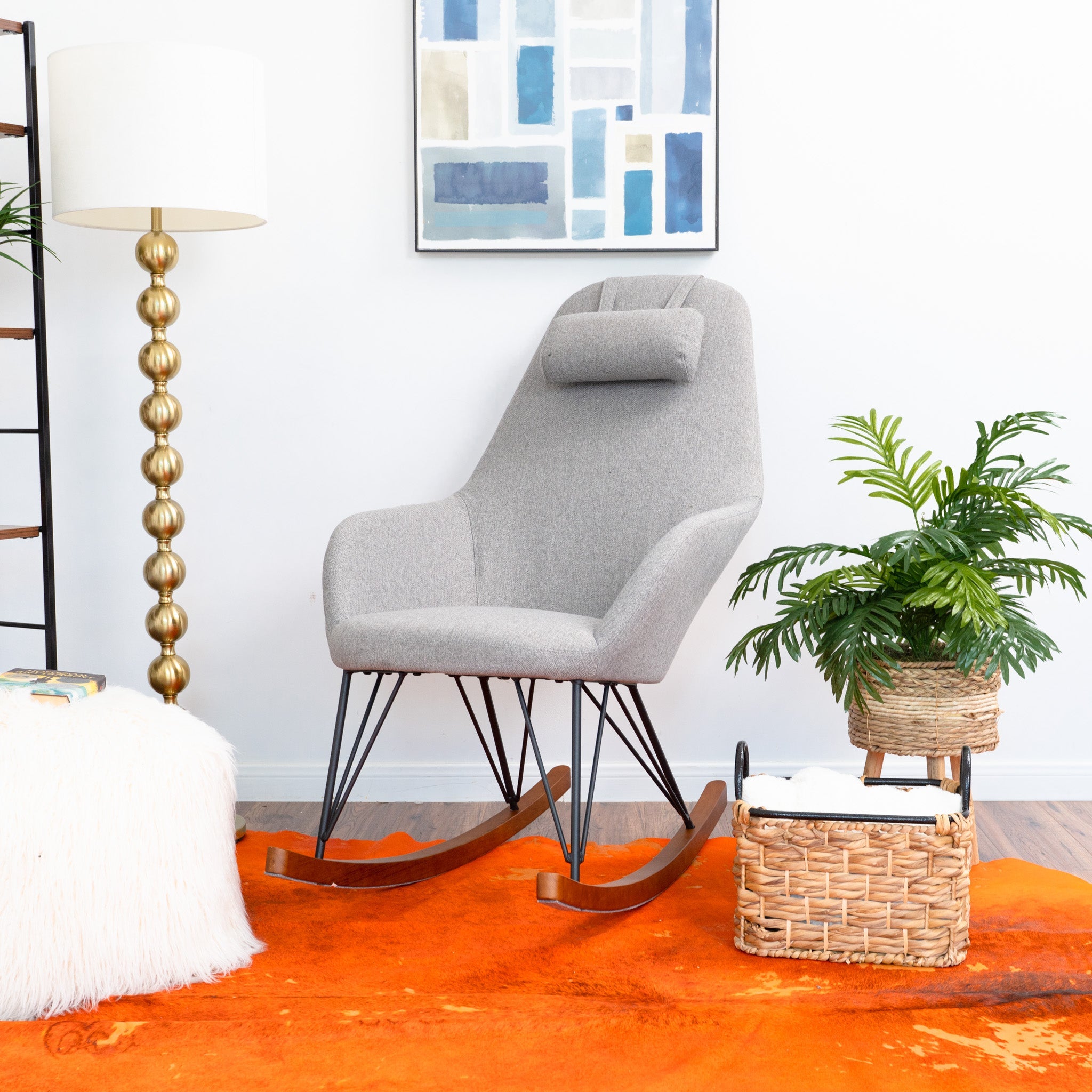 Ingrid Grey Fabric Rocking Chair | Mid-Century Modern High Back
