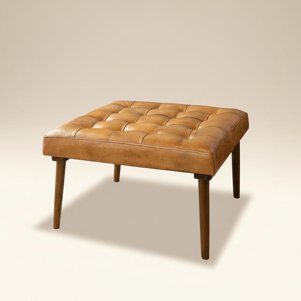 Katy Antique Tan Leather Ottoman w/o Buttons - MidinMod