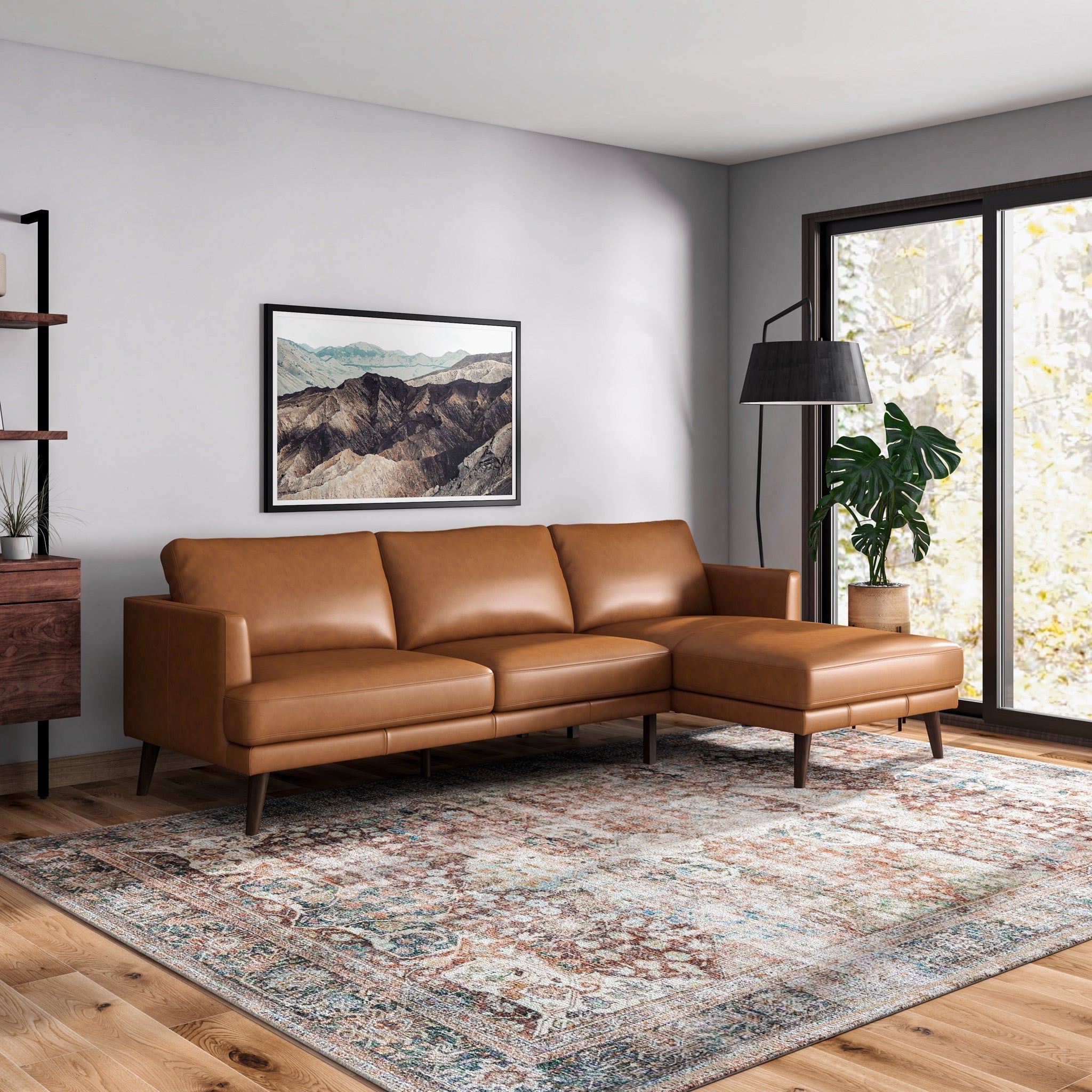 Lorena Tan Leather Sectional Sofa Right Facing Chaise - MidinMod