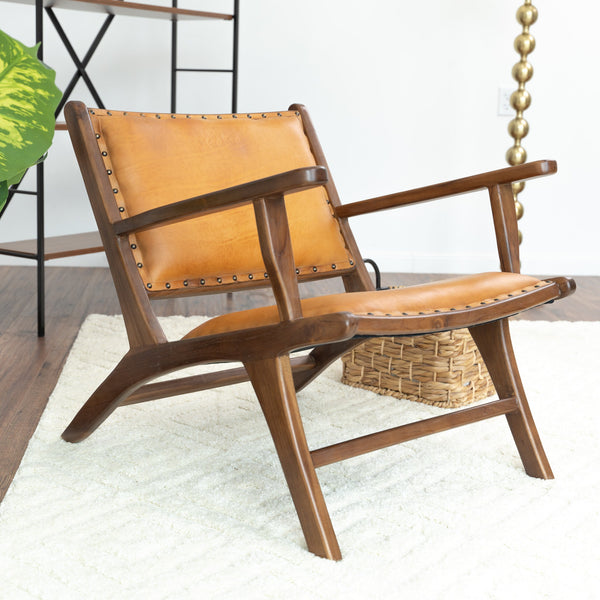 Makasar Mid-Century Modern Tan Leather Accent Chair with Solid Wood Frame | MidinMod