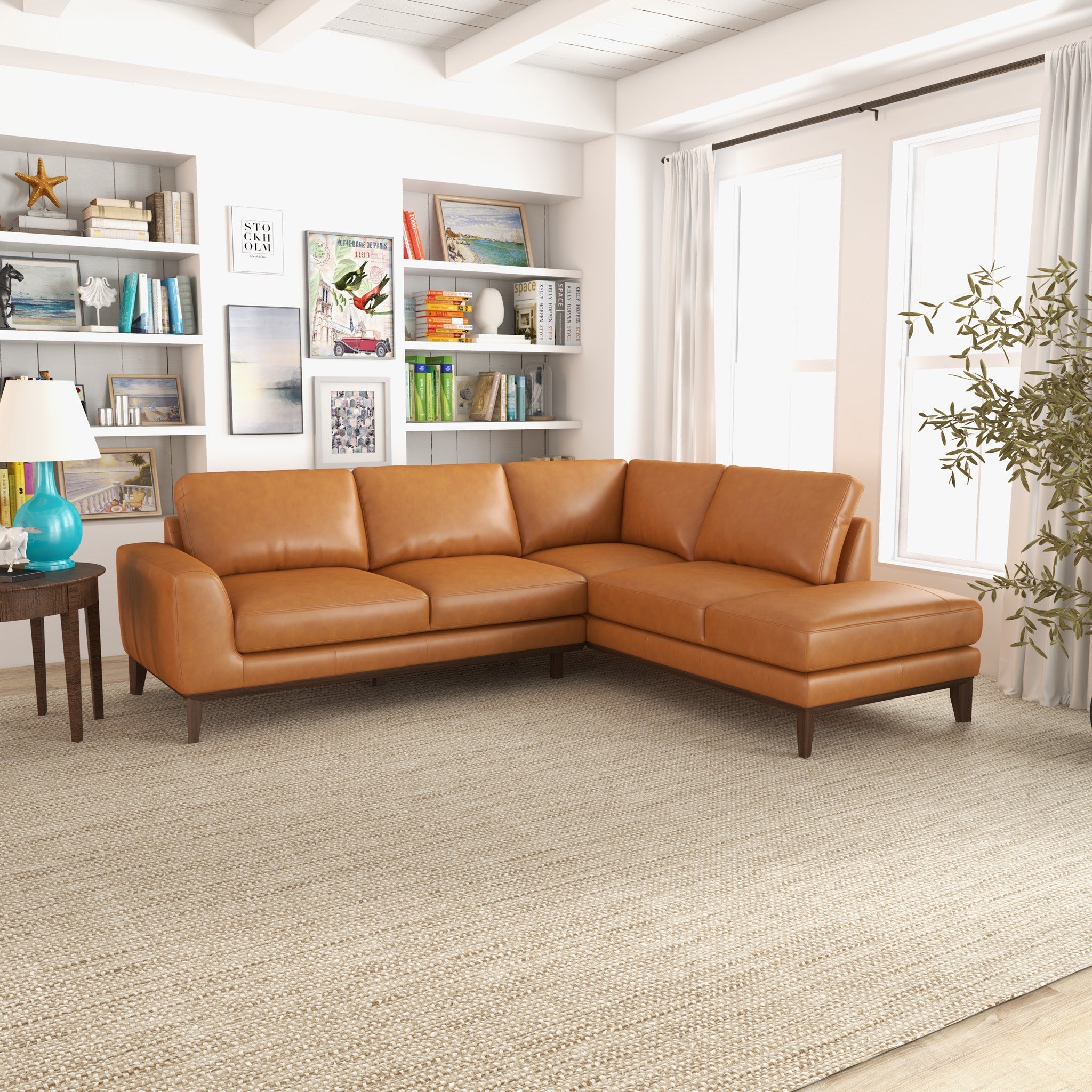 Mayfair Tan Leather Sectional Right Facing Chaise - MidinMod