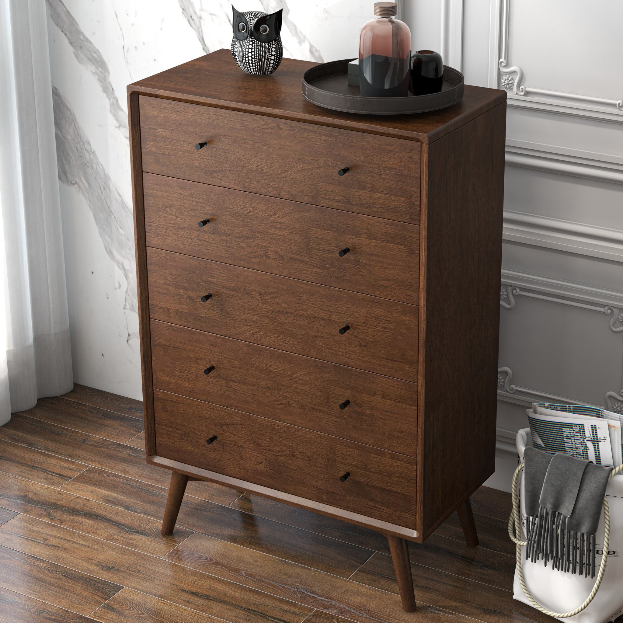 Noak Mid Century Modern Dresser 5 Drawers Walnut - MidinMod