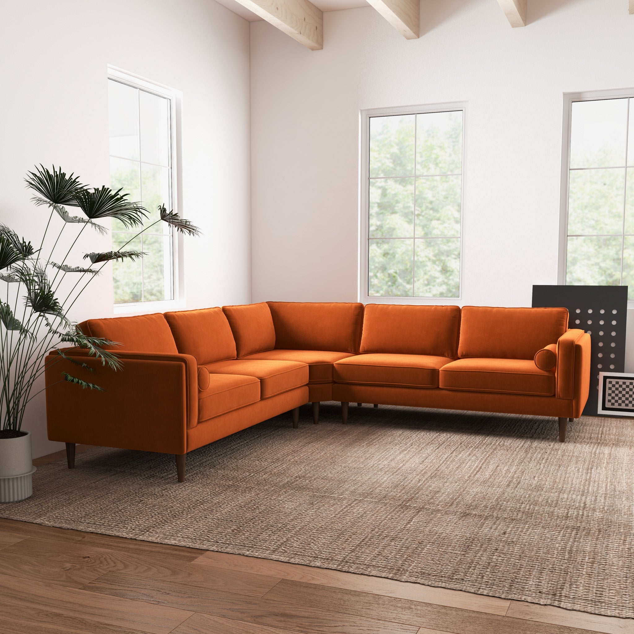 Fordham Orange Velvet Symmetrical Corner Sofa - MidinMod