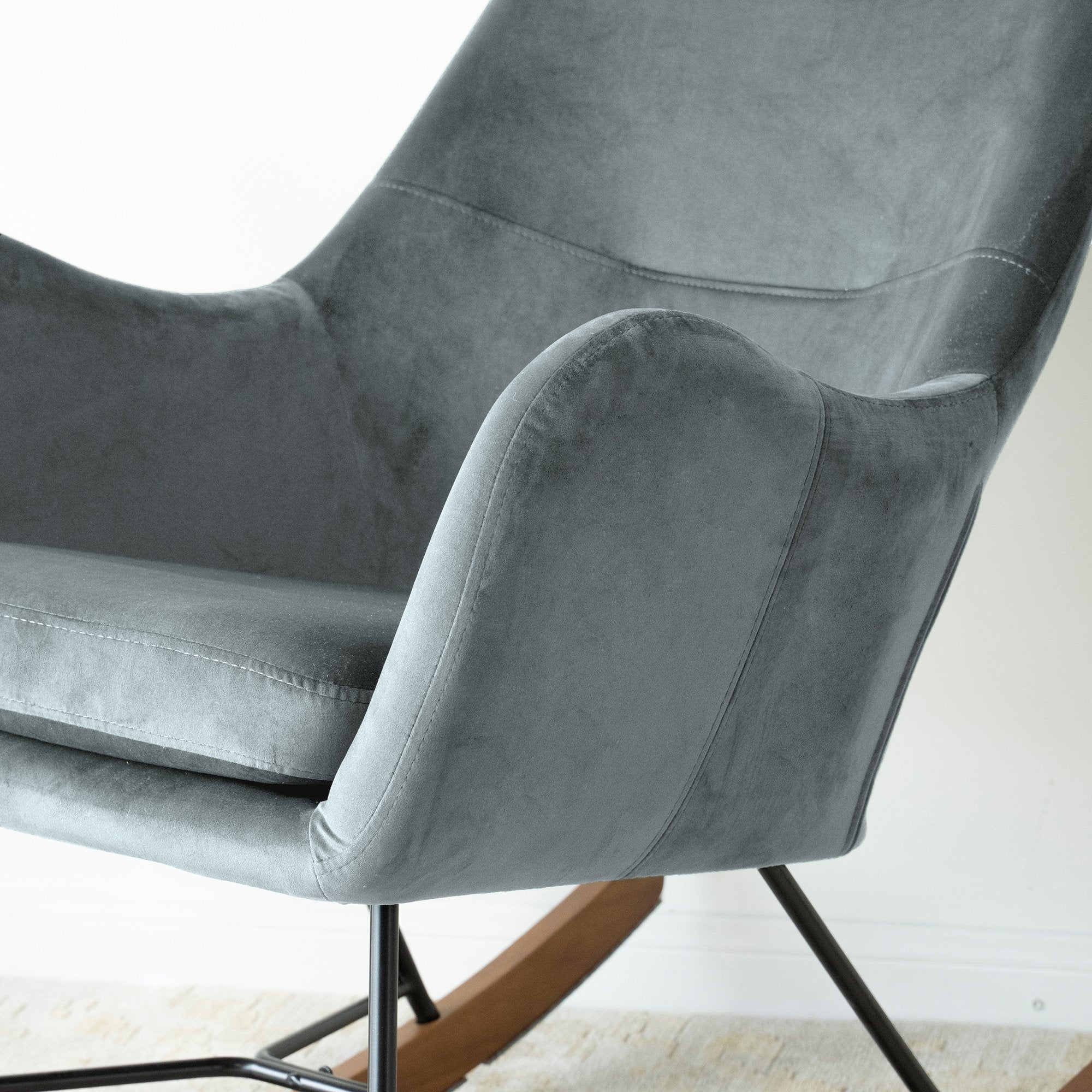 Rumi Grey Velvet Rocking Chair | Mid-Century Modern Nursery & Lounge Rocker | MidinMod