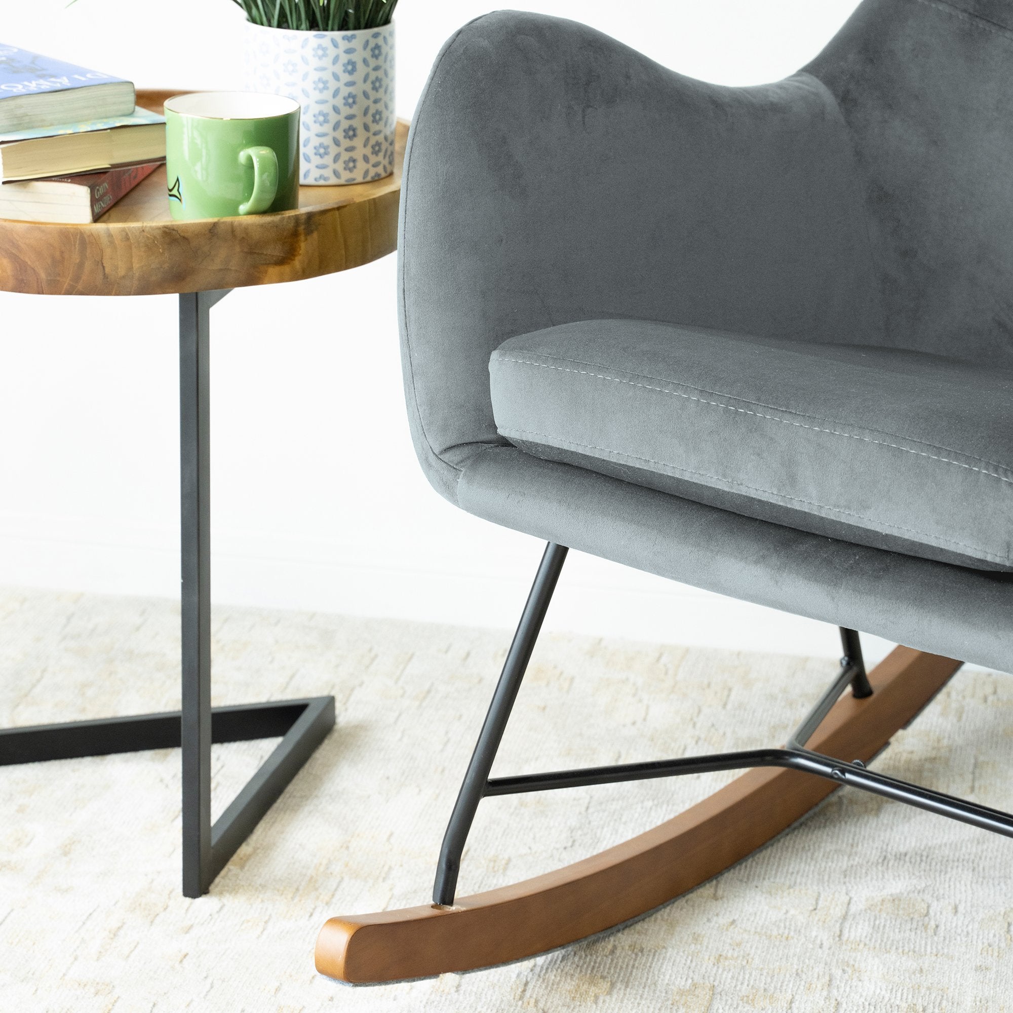Rumi Grey Velvet Rocking Chair | Mid-Century Modern Nursery & Lounge Rocker | MidinMod
