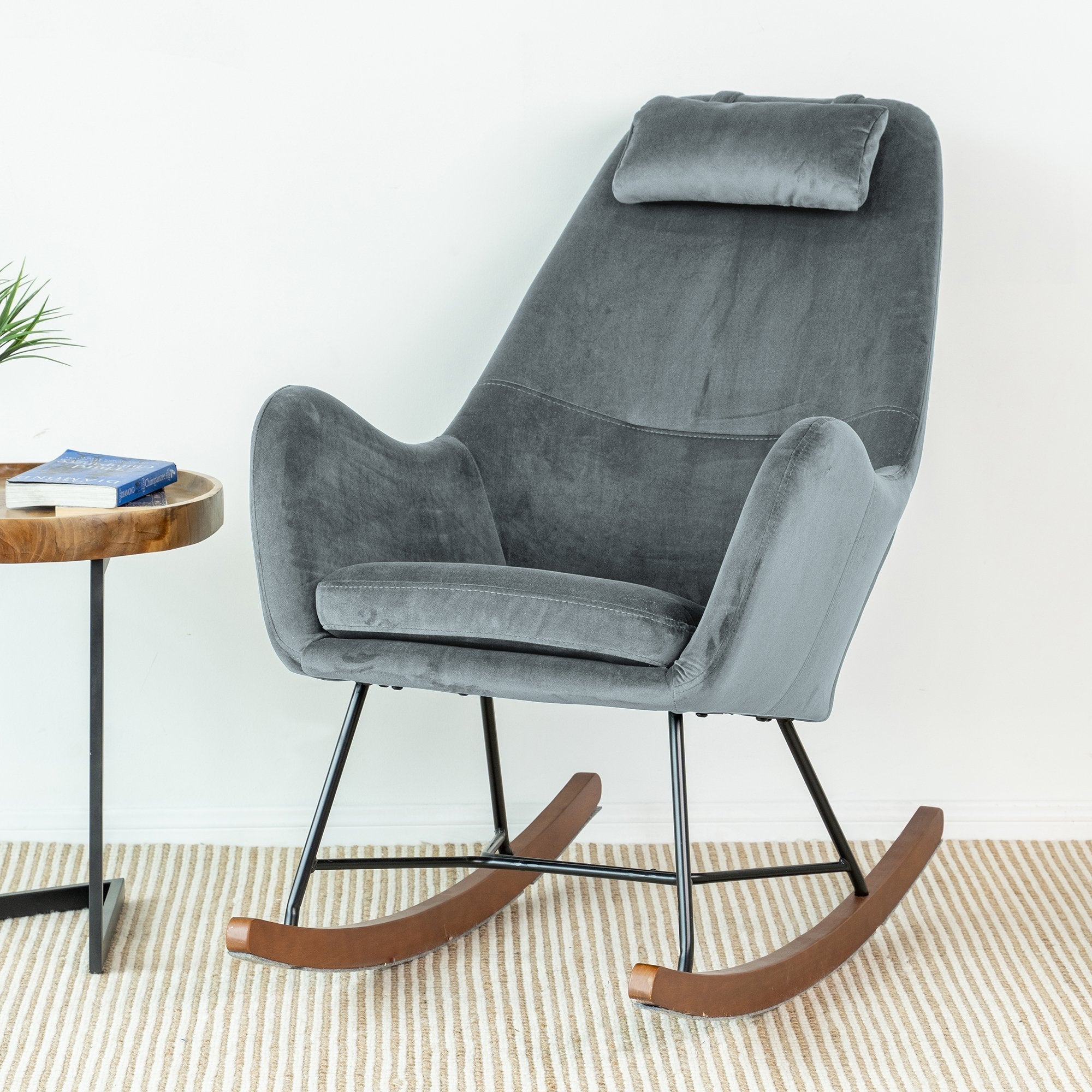 Rumi Grey Velvet Rocking Chair | Mid-Century Modern Nursery & Lounge Rocker | MidinMod