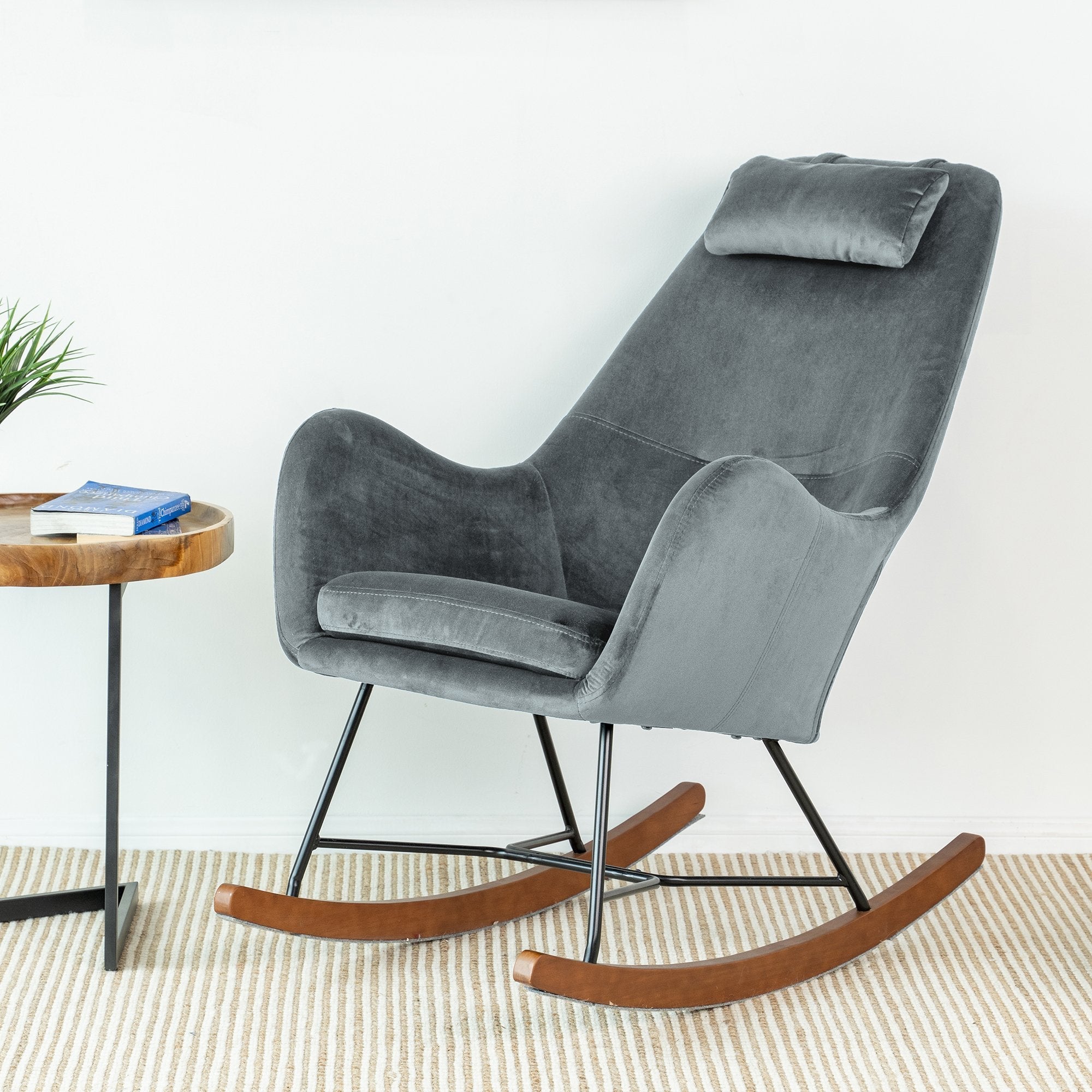 Rumi Grey Velvet Rocking Chair | Mid-Century Modern Nursery & Lounge Rocker | MidinMod