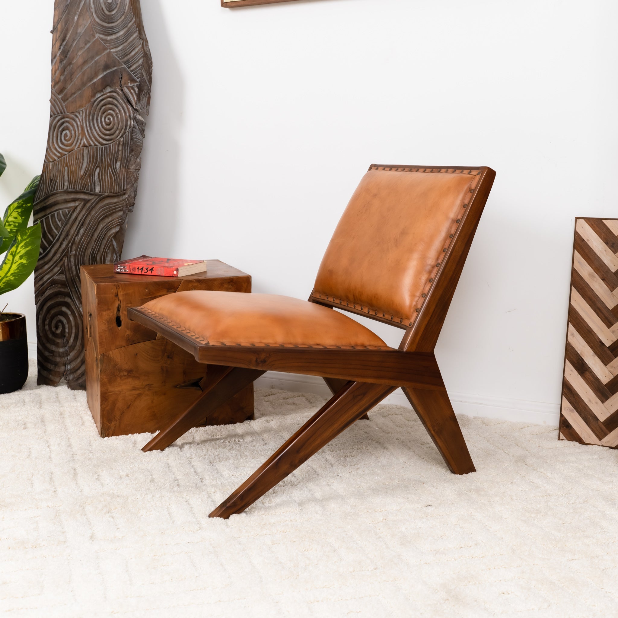 Samaloni Antique Tan Leather Lounge Chair - MidinMod